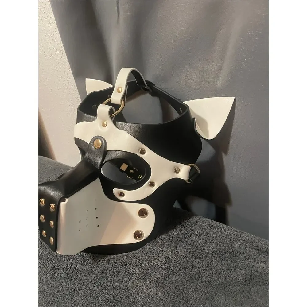 Black & White Leather Dog Mask Harness Muzzle with Gold Studs NWOT
